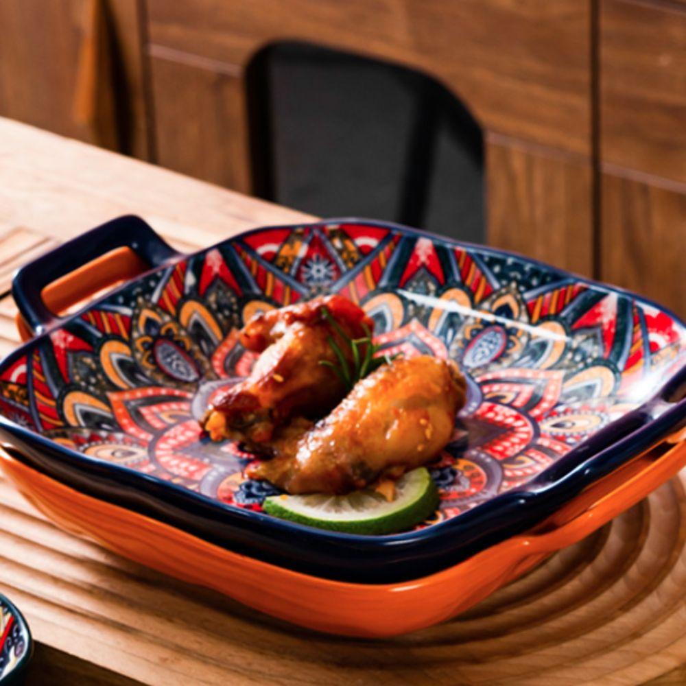 Binaural Handle Dinner Plate Square Salad Dish Tableware Bohemian Ceramic Plate  Oven