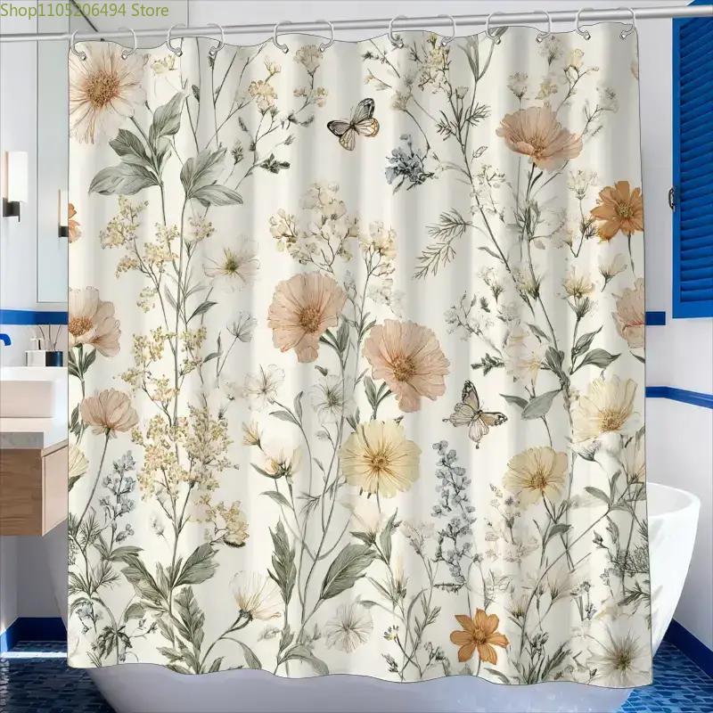 1pc of Bathroom Shower Curtain, Dense Plant Pattern, Anniversary Shower Curtain, Includes 12 Hooks, 180*180cm Bathroom Curtain