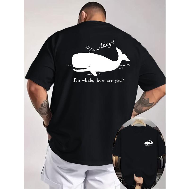 

European Size Ahoy! I m Whale, How Are You Whale and Seagull Fun Slogan Double-Sided Print Men s T-Shirt, Ocean Fun Style, Suitable for Daily S чёрный