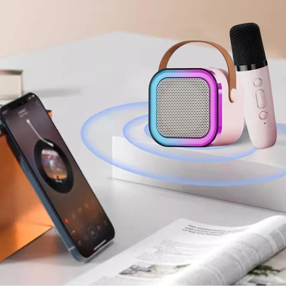 Bluetooth-Compatible 5.3 Mini Home Theater Speakers with Wireless Mic Small Speaker Adjustable LED Lights for Home Karaoke