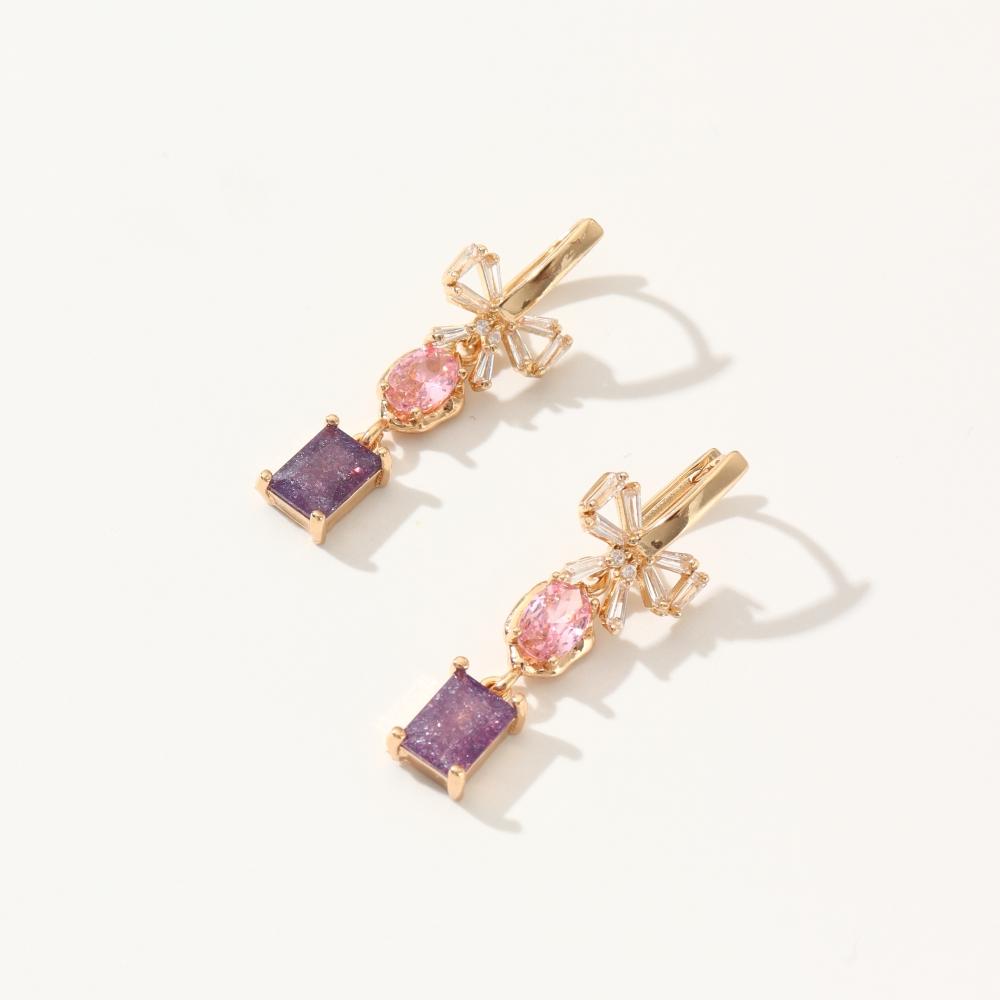 Golden Plated Bow Drop Earrings with Pink & Purple Zirconia for Women