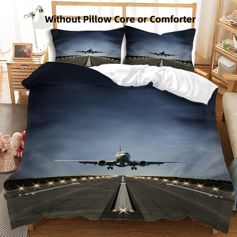 Airplane Runway Digital Print Duvet Cover Set with Pillowcases-Breathable Polyester Fabric All-Season Zipper Closure Bedding Set