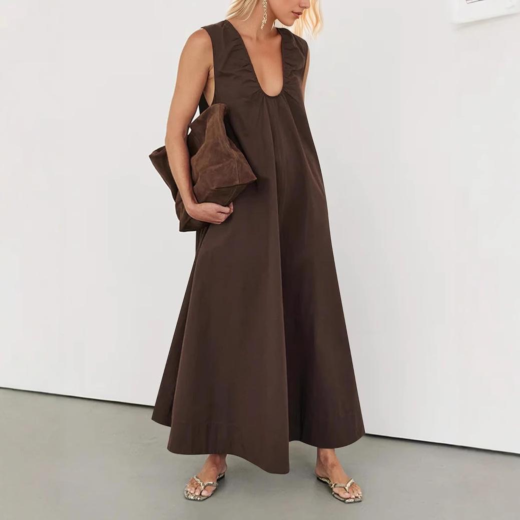 

Черное платье макси без рукавов с глубоким V-образным вырезом и оборками, элегантная струящаяся А-силуэтная юбка XL темно-коричневого