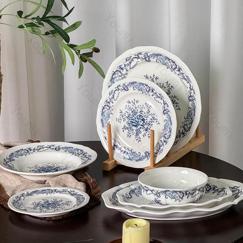 Blue Flower Ceramic Plate Retro Chinese Style Household Dining Plates Rice Bowls Afternoon Tea Dessert Dish Exquisite Tableware