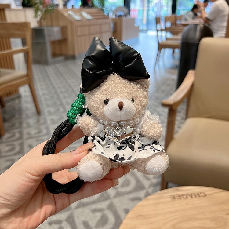 Korean Floral Dress Bear Keychain with Pearl Bow - Cute Doll Backpack and Car Pendant