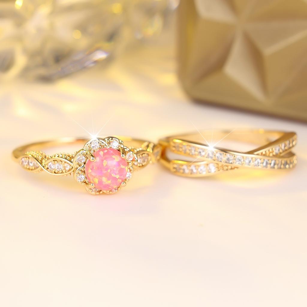 Small Crown Charm Female Pink Opal Finger Ring Set Vintage Gold Color Wedding Band Bridal Jewelry For Women