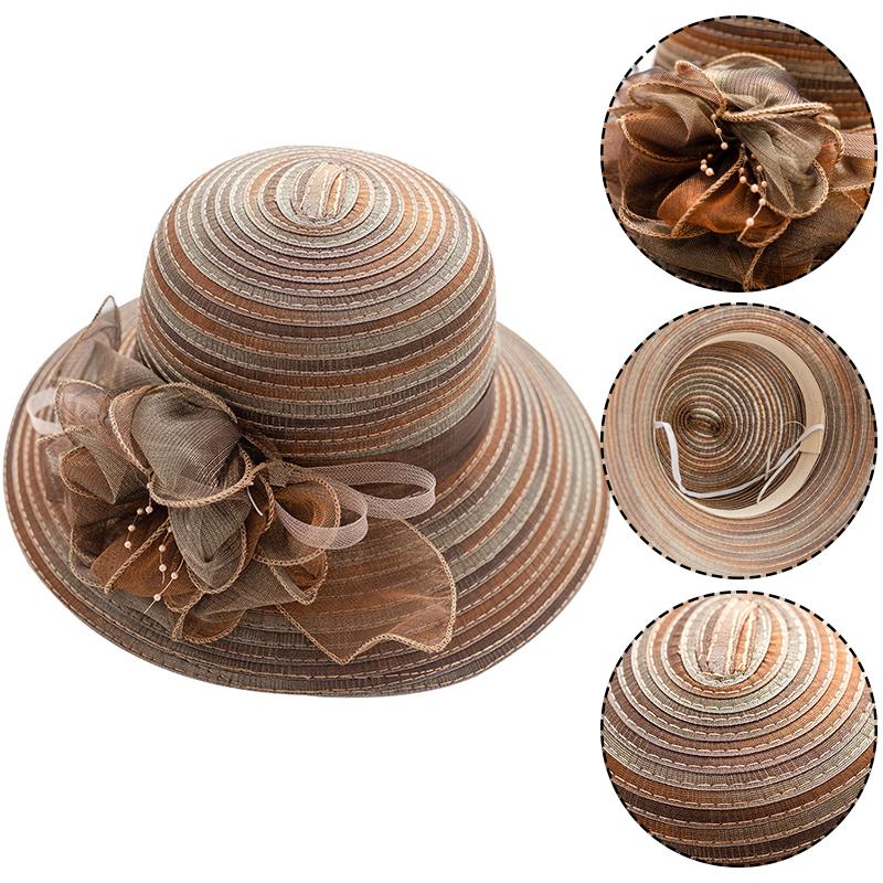 

Women Summer Sun Hats Flower Decor Wide Brim Colorful Stripe Sun Protection Organza Hat Elegant