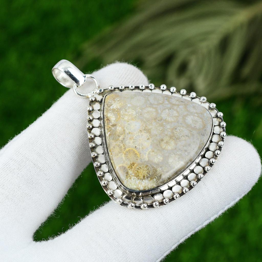 Natural Fossil Coral Gemstone Pendant Gray 925 Sterling Silver Indian Jewelry