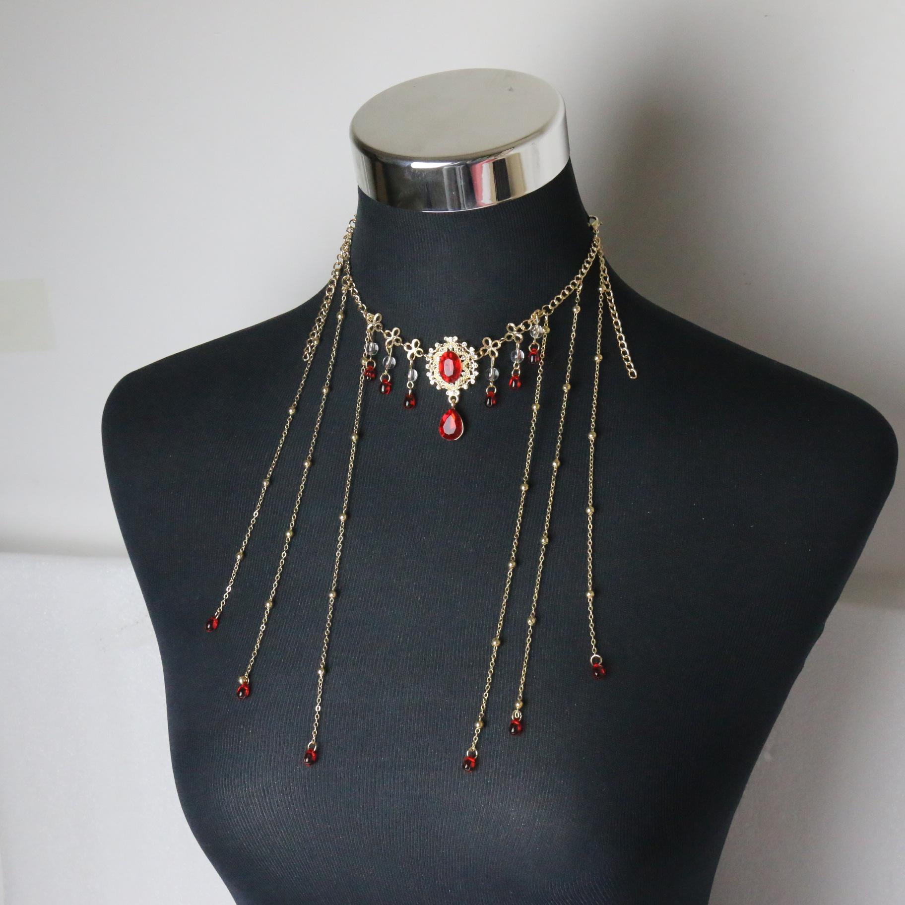 

Экзотический стиль, старинный стиль, рубиновое ожерелье в стиле ханьфу, танец, ретро-цветок, подвеска в виде красной капли, сексуальное ожерелье с кисточками. золотой