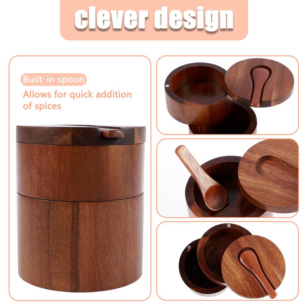 Acacia Wood Salt and Pepper Bowl with Swivel Lids and Spoon Salt and Pepper Storage Boxes Spice Seasoning Container for Kitchen