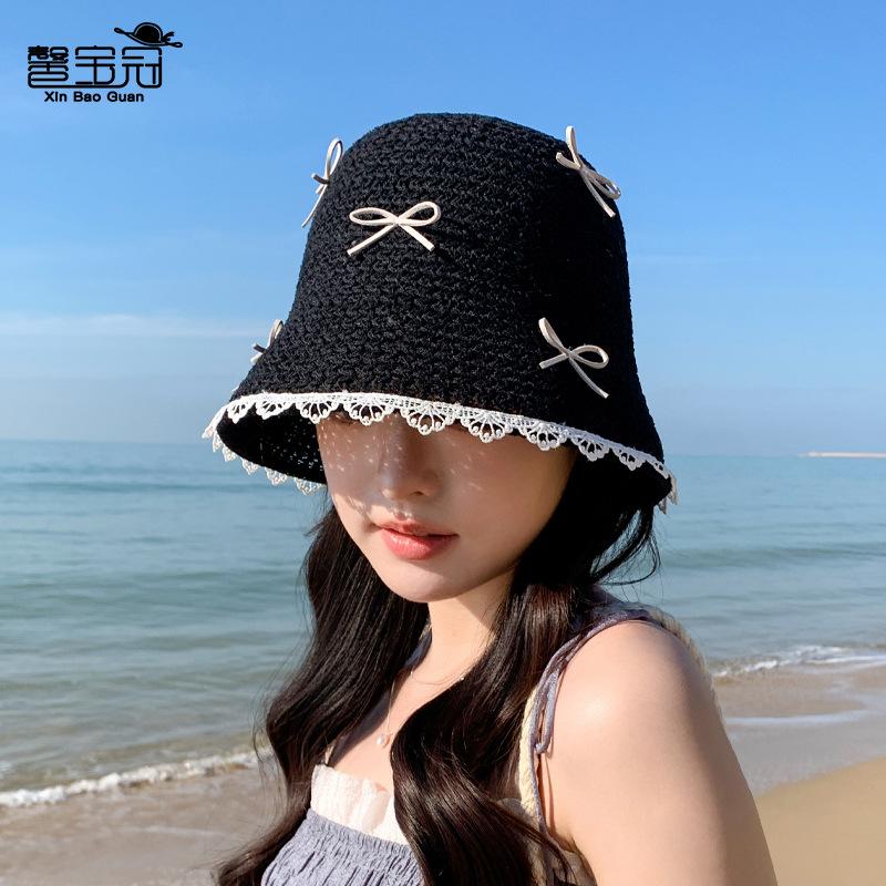 Spring and summer bucket hat knitted hat children's fashion versatile bow bucket hat casual breathable basin hat