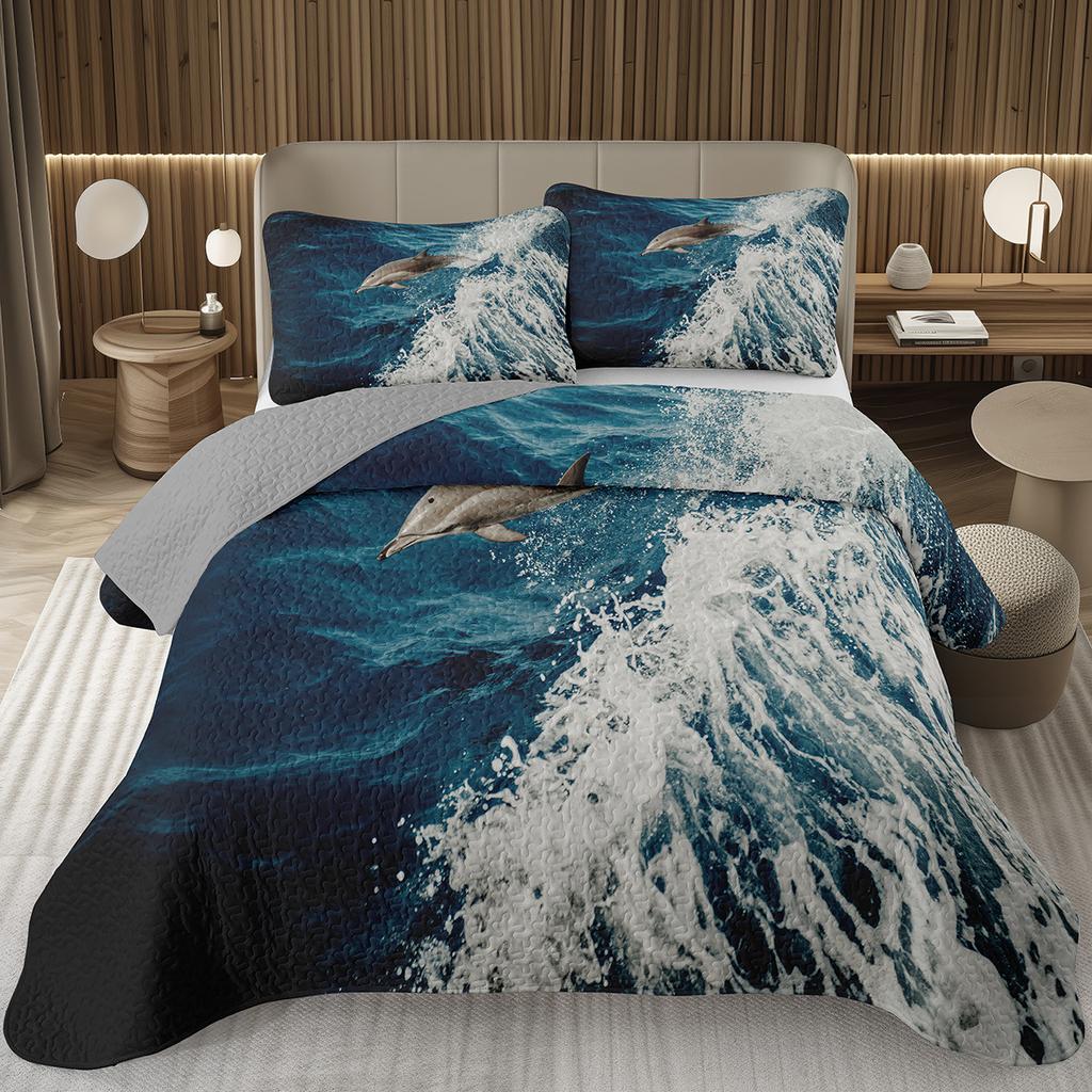 Cute Dolphin Bedspread Twin/King Reversible Grey Quilted Coverlet Ocean Animal Bedding Set 2/3 Pieces Soft Lightweight Quilt Set