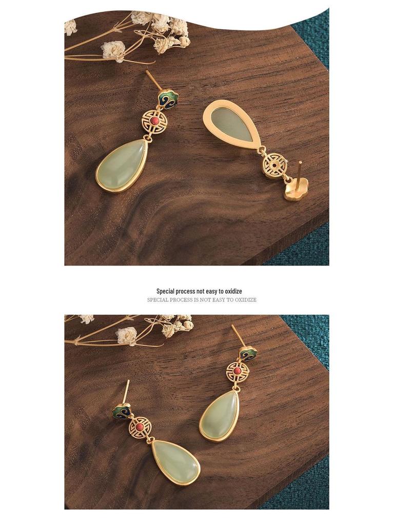 Aieryuan Hanfu Enamel Stud Earrings with Imitation Jade & Southern Red Agate Cloud Design