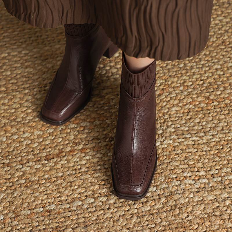 Krazing Pot Sheepskin Autumn Winter Shoes Thick Heels Size 42 Square Toe Zipper Knitwear Vintage Ankle Boots