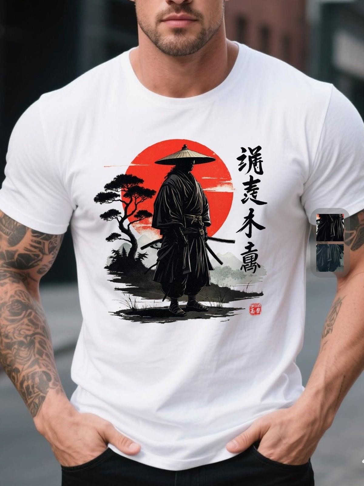 Anime Samurai Warrior Red Sun Japanese Graphic Tee XL