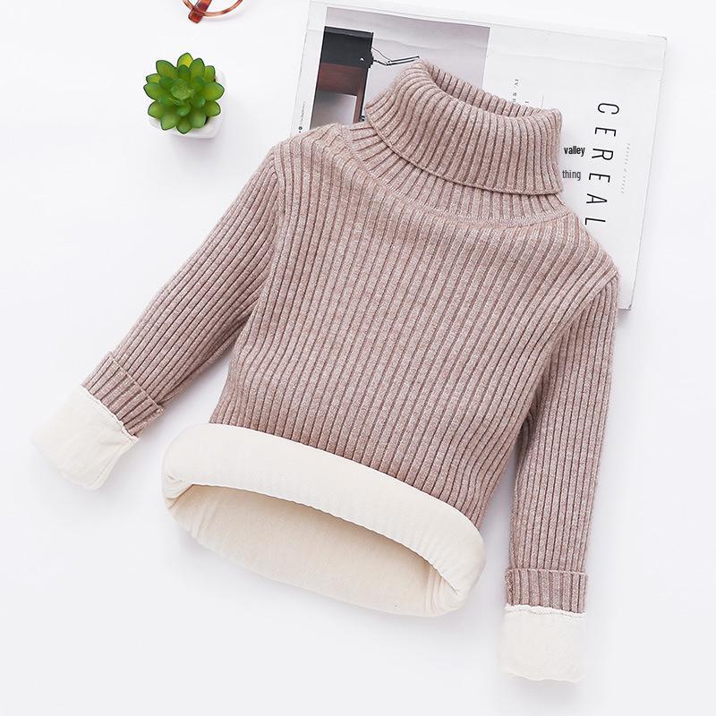 Children's Slim Fit Knit Sweater with High Neck and Velvet Lining for Autumn and Winter.