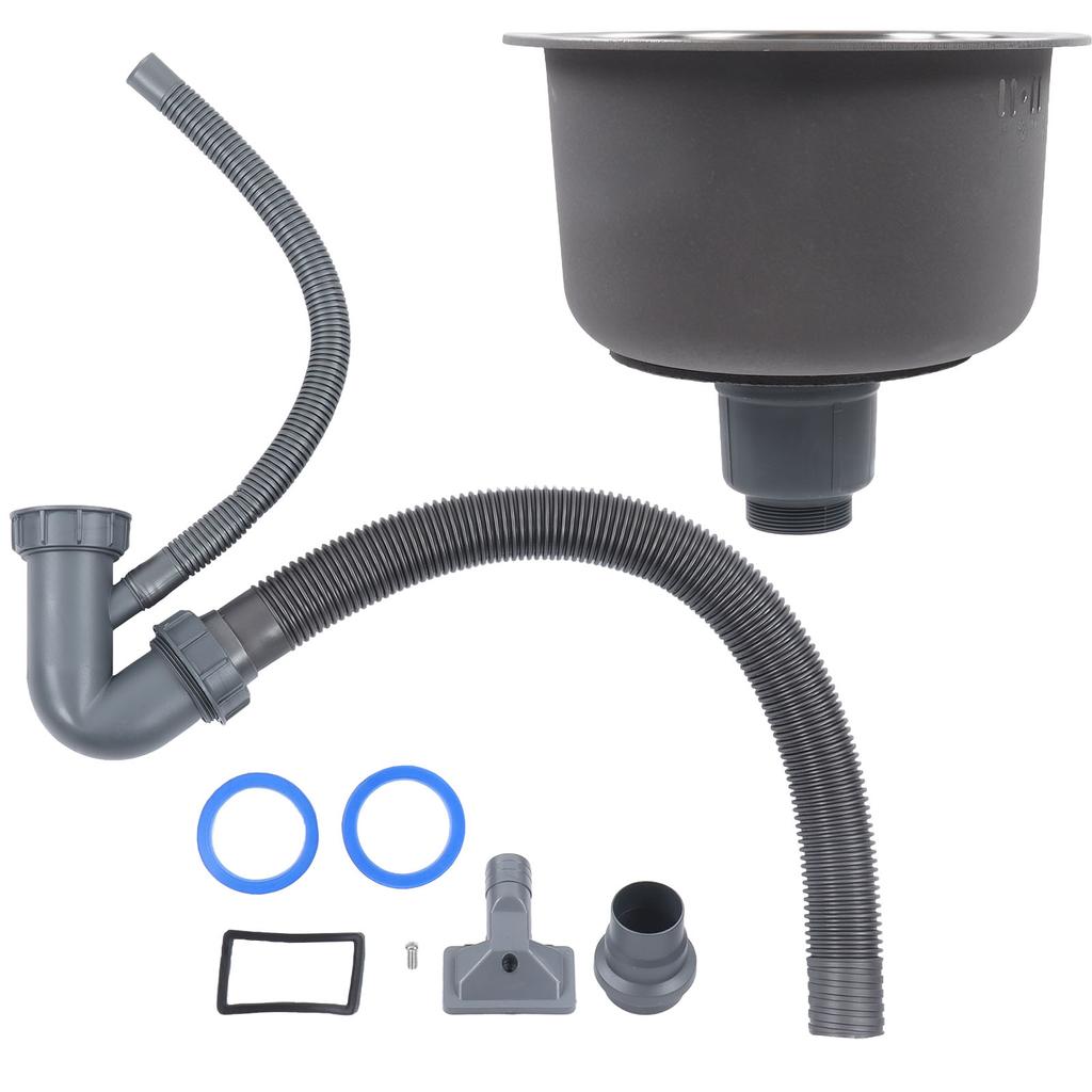 Mini rund kjøkkenvask i rustfritt stål med rund servant og avløpsrør, 30 cm diameter