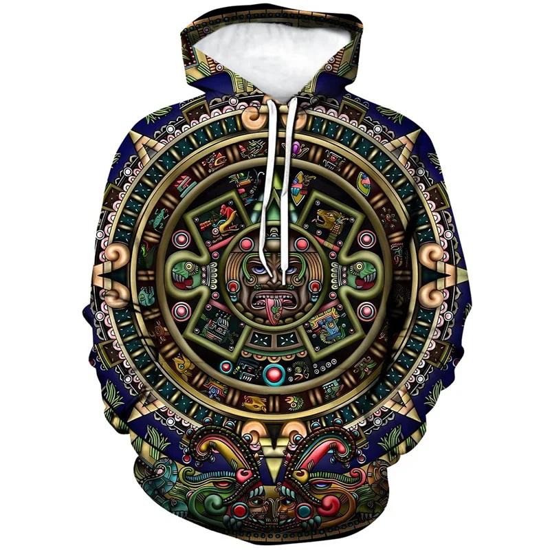 Bluzy z kapturem Mexico Aztec drukowane w 3D dla mężczyzn Starożytne totemy Meksykańskie graficzne bluzy z kapturem Codzienne luźne bluzy z kapturem z długim rękawem