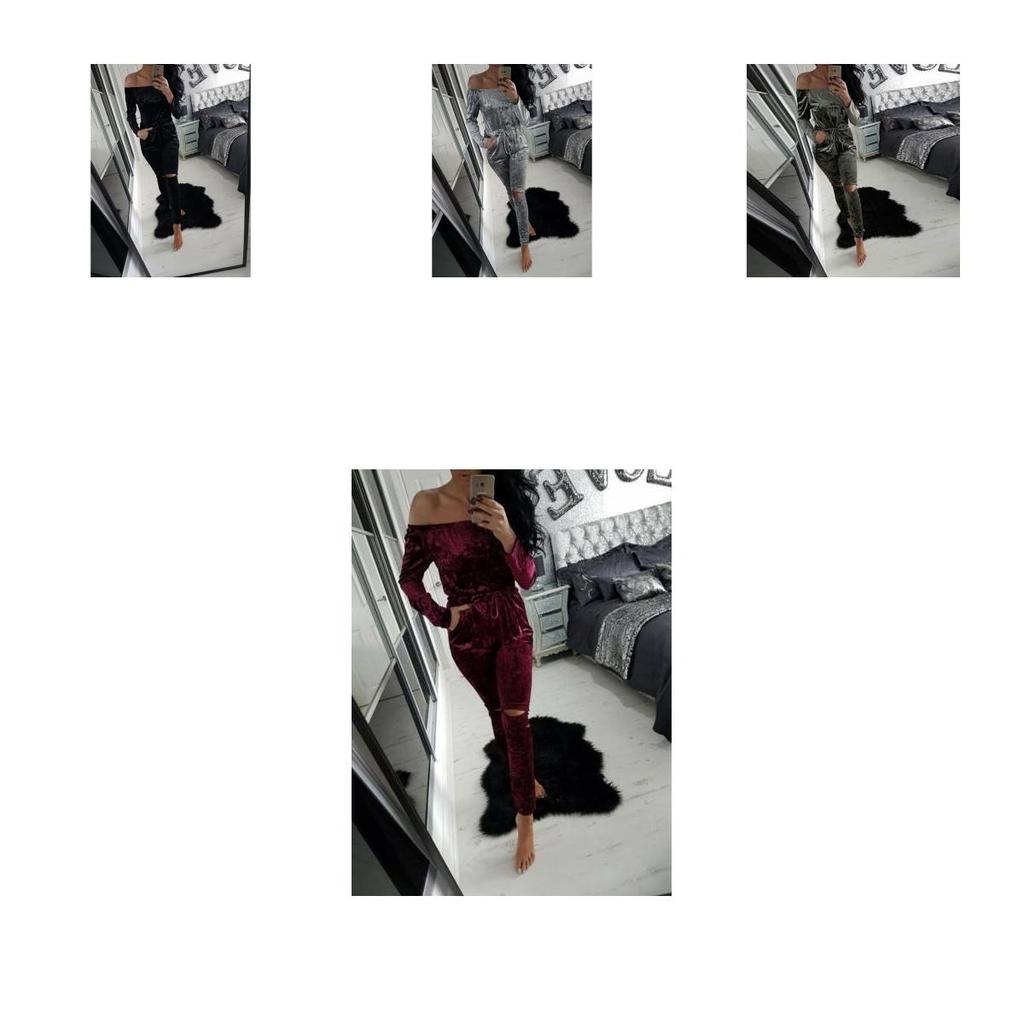 Crushed New Women Velvet Lounge Tracksuit Off Shoulder Slit Knee Jumpsuit Romper