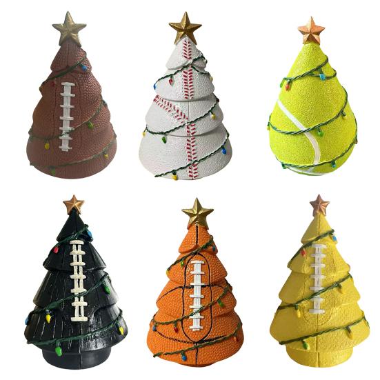 Figurka vánočního stromku inspirovaná sportovním míčem Ručně vyrobený stromek z umělé kůže Stolní dekorace se zlatou hvězdou pro sváteční výzdobu domova