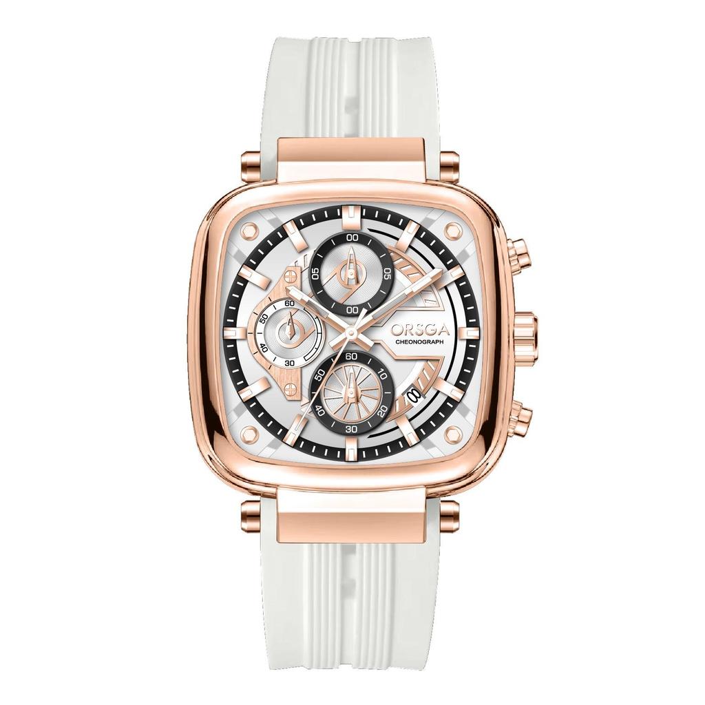 Mens Square Chronograph Watches Waterproof Luminous Quartz Wrist Watch with Silicone Strap