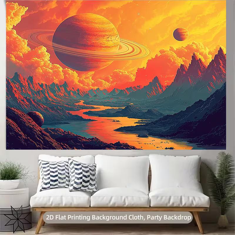 2D Sci-Fi Landscape Backdrop Mountain River with Planets and Dramatic Clouds Party Photo Background