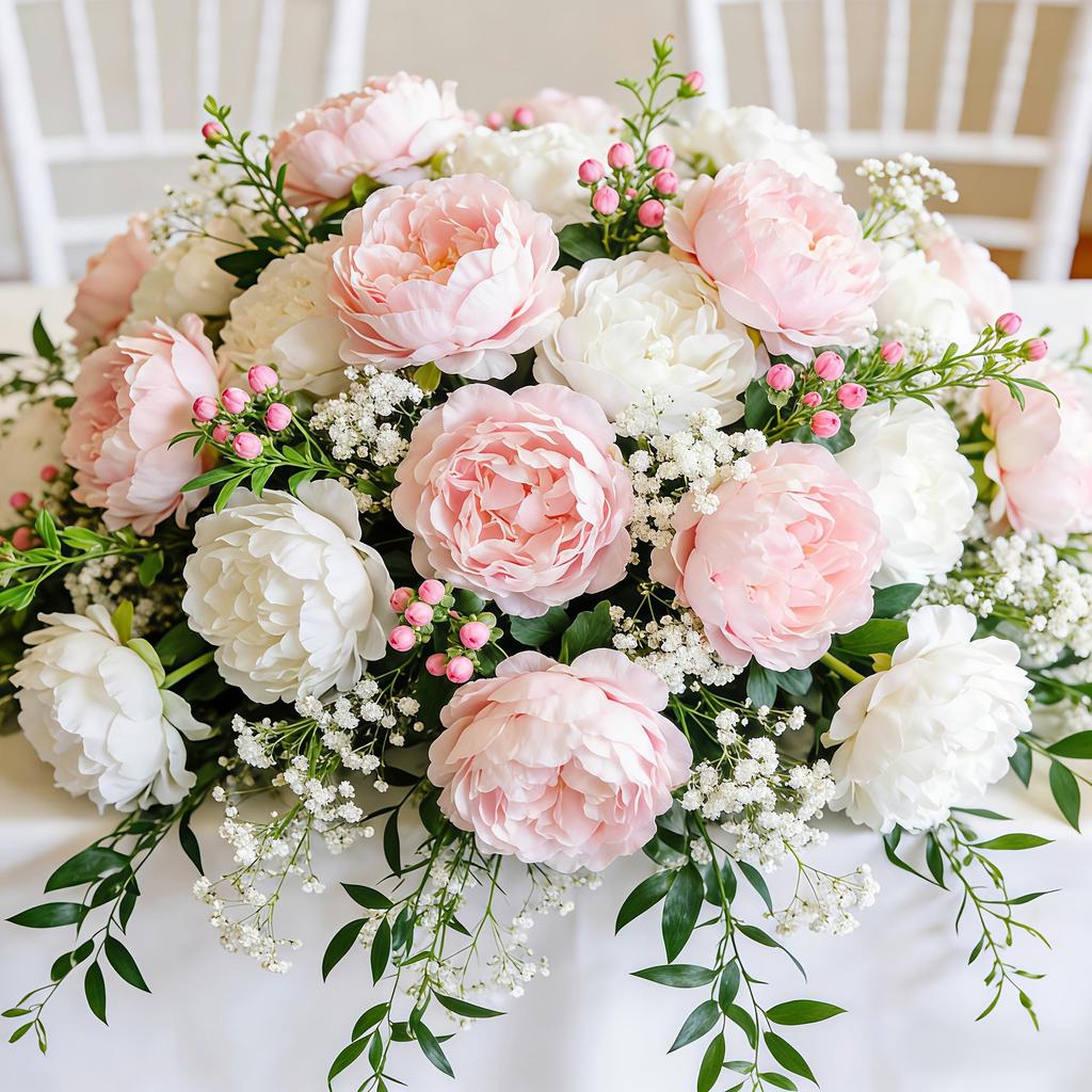 Prachtig Nieuw Gemengd Kunstbloemen Boeket van Roze en Witte Pioenen Geschikt voor Bruiloften, Huis, Tuin en Tafeldecoratie