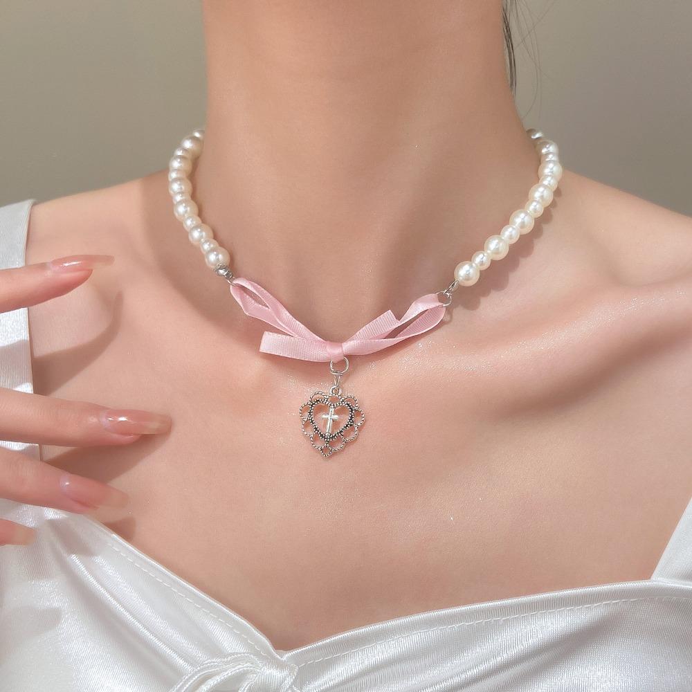 Cute Romantic Pink Bowknot Pearl Beaded Heart Crystal Cross Pendant Necklace for Women Charm Sexy Y2K Collar Jewelry Accessory