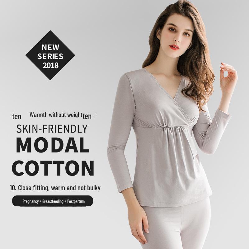 Maternity Fall Pajama Set - Nursing Friendly Cotton Thermal Wear for Pregnancy and Postpartum