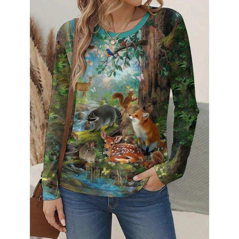 Fashion Women's Crew Neck Long Sleeve 3D Floral Color Printing Floral Long Sleeve Crew Neck T-Shirt