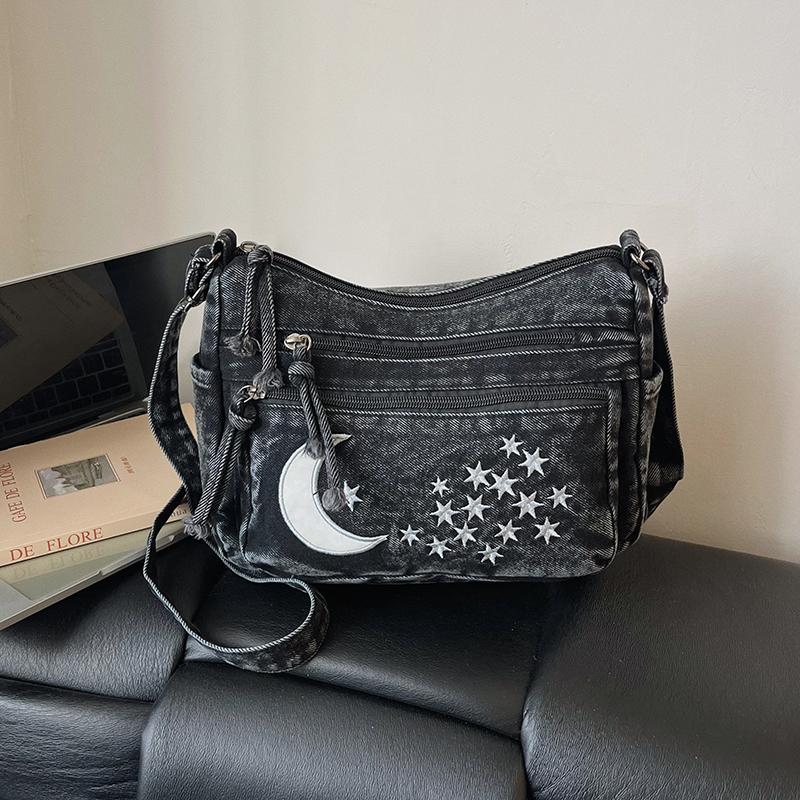 Borsa di Jeans a Spalla Singola Multi-cerniere Borsa a Tracolla Retrò Borsa per Mamma di Mezza Età