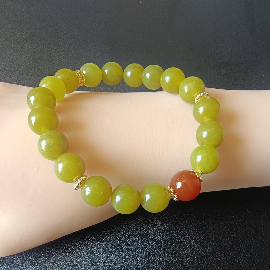Natural Xiuyu Yellow Jade 10mm Bead Necklace & Avocado Green with Red Agate Bracelet Set
