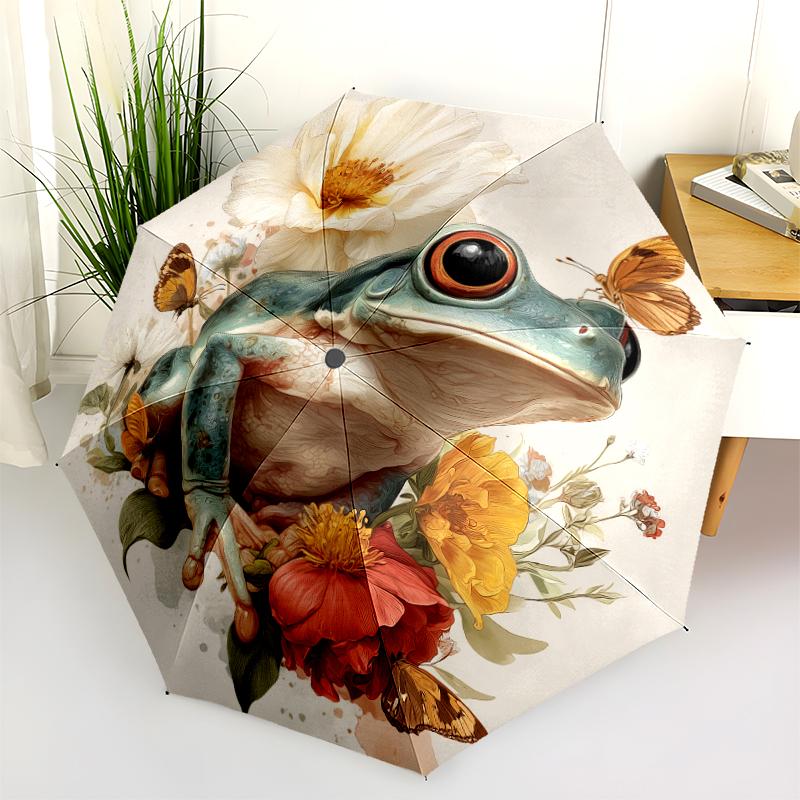 Frog and Flowers pattern, automatic folding umbrella, portable and foldable design, 8 ribs, a Christmas or birthday gift.