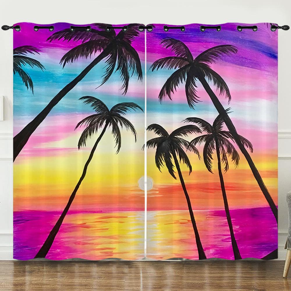Curtain Summer Coconut Tree Sunset Landscape 3D Digital Printing Blackout Curtain Punching