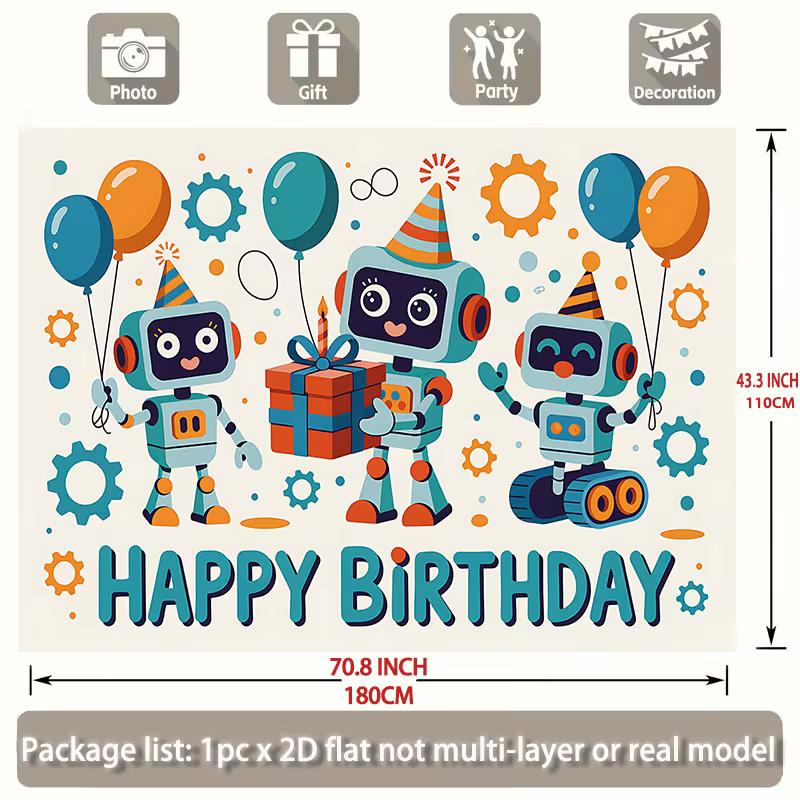 Sfondo Felice Compleanno Robot 2D Blu-Verde Arancione Sfondo Fotografia Bambini
