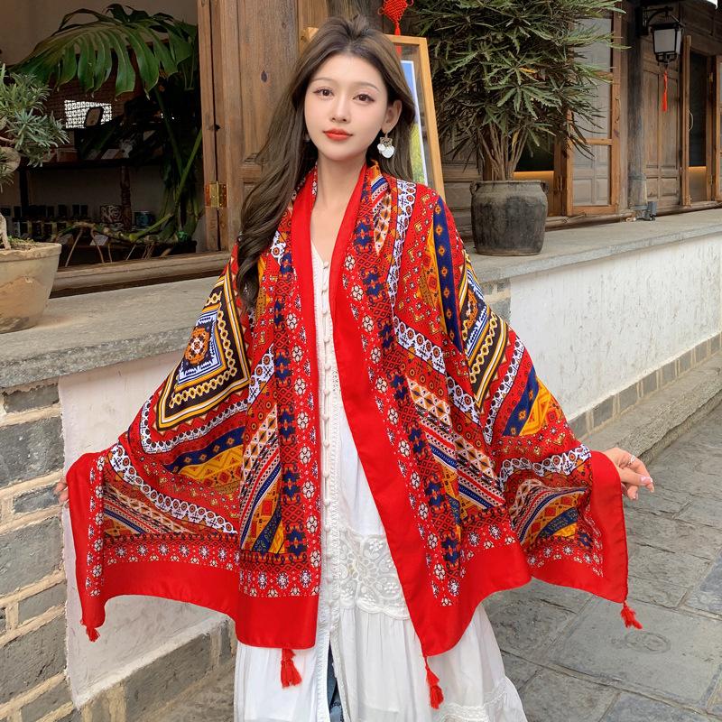 Dunhuang Desert Shawl - Qinghai Chaka Salt Lake Ethnic Scarf for Women, Cotton Linen Silk Blend