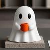 Decorazione Casa di Halloween Fantasma che Beve Caffè Statuetta, Stampato 3D Carino Bianco Che Tiene Una Tazza Statua Stagionale Autunnale, Decorazione Spettrale per Bar, Banconi,