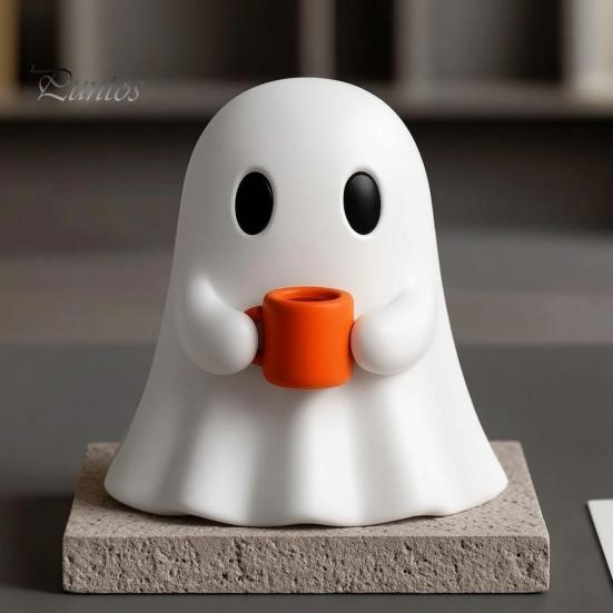 Decorazione Casa di Halloween Fantasma che Beve Caffè Statuetta, Stampato 3D Carino Bianco Che Tiene Una Tazza Statua Stagionale Autunnale, Decorazione Spettrale per Bar, Banconi,