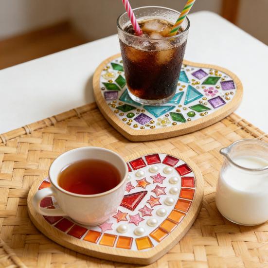 Yousheng 1 Set DIY Mosaic Tile Coaster Set Mixed Color Mosaic Kit with Wooden Coaster Kids Adults Handmade Mosaic Crafts Coaster with Accessories