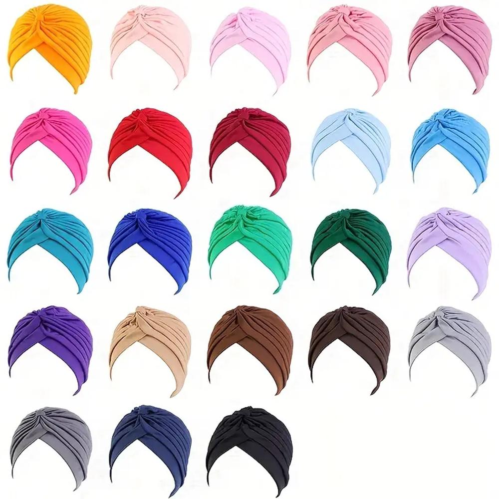 6pcs Soft & Cozy Womens Pleated Turban Caps - Elastic, Comfortable, Unscented Headwraps for Chemo, Solid Colors, Variety Pack Fo