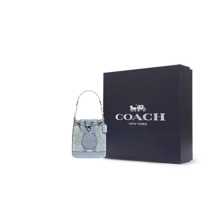 New COACH Dempsey Fabric Cow Leather Patchwork Bucket Bags Shoulder Bag Crossbody Bag Small Size Women's Lake Blue C8322-SVS9X