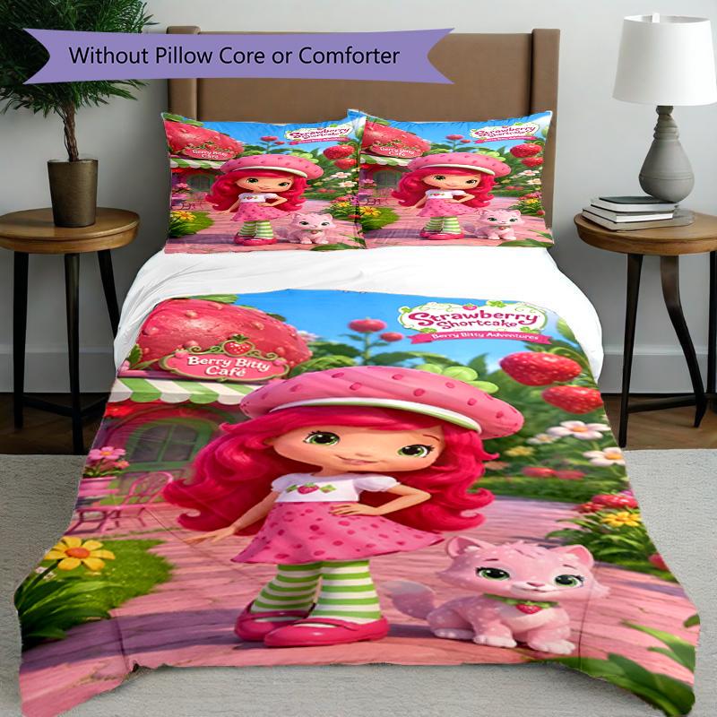 Set cuvertură de pilota 3 buc (1 * Husă de pilota + 2 * Față de pernă, Fără Miez), Set de așternut cu imprimeu Strawberry Shortcake, Decor pentru dormitor, Pentru toate anotimpurile, Cadou de ziua de naștere