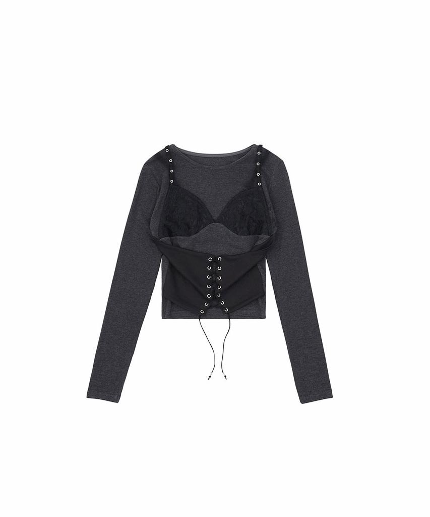 NO EXTRA TOUCH Bustier Layered Long Sleeve Tee (Charcoal) / 26Fwts003Ch
