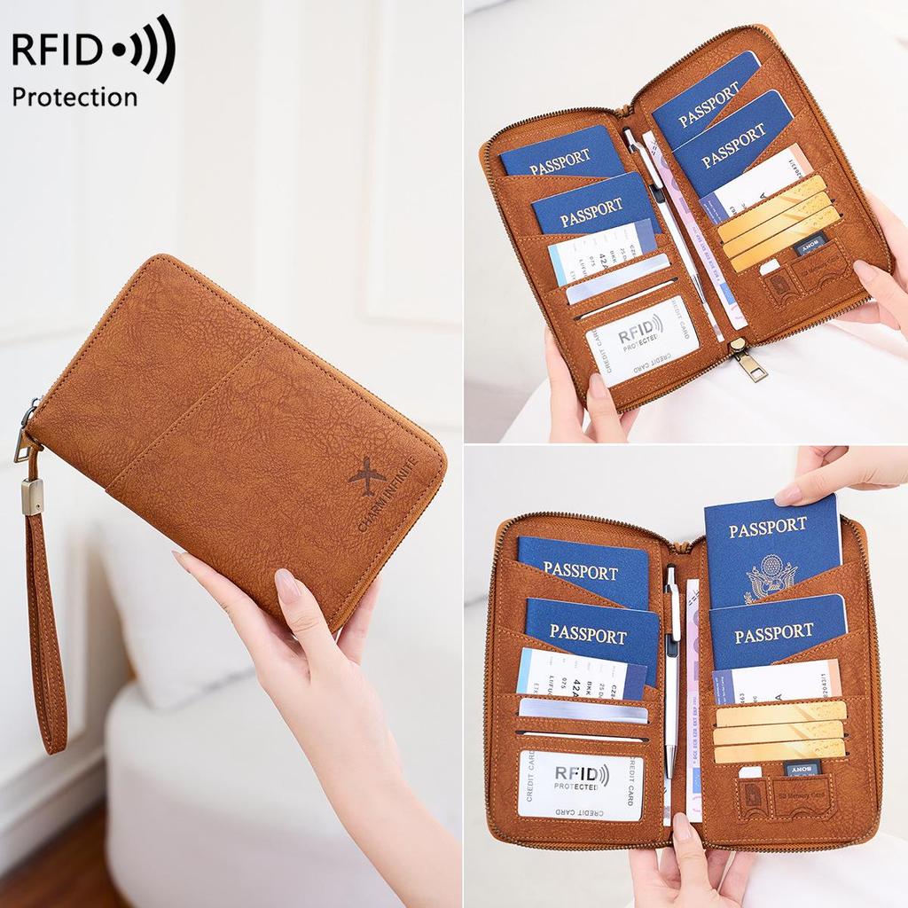 RFID Anti-Magnetic Passport Wallet with Long Zipper and Multifunctional Travel Storage