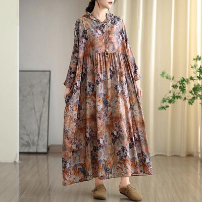 DIMANAF 2025 Women Plus Size Long Hat Dress Loose O-Neck Printing Casual Floral Oversize Long Sleeve 8219