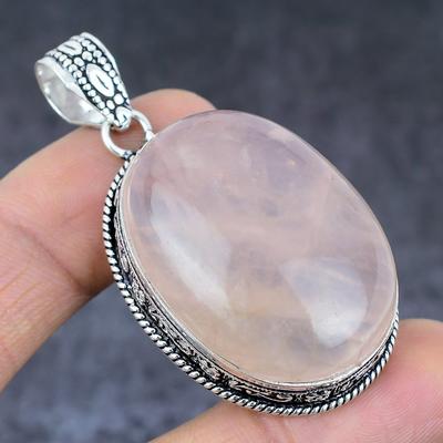 Natürlicher Rosenquarz Edelstein Handgefertigter 925 Sterling Silber Anhänger 2,21" P6p50