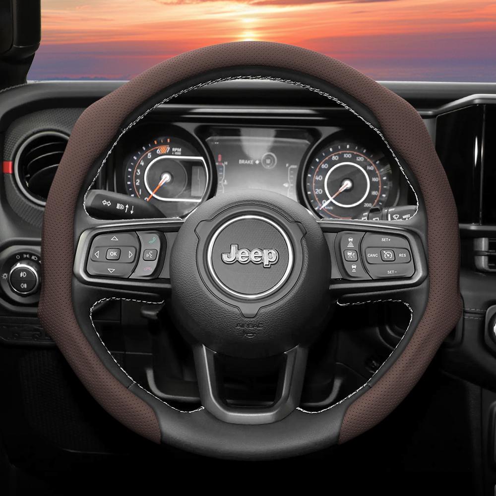 Suitable for Jeep Perforated Leather Steering Wheel Cover, Non-Slip, Sweat-Absorbent, Breathable, Integrated Snap-On Protective Case for Wrangler