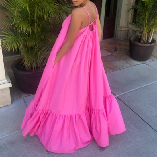 Maxi Dress Backless Casual Floor-length Solid Color Big Swing Strap Pocket Sling Dress for Beach
