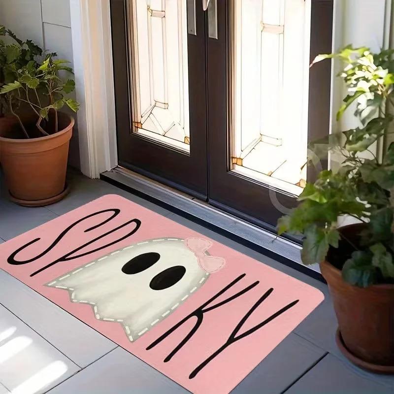 Tappetino di Benvenuto Carino e Allegro per Halloween, Tappeto d'Ingresso con Fantasma Adorabile, Zucca, Gatto Nero e Pipistrello, Tappeto Antiscivolo per l'Ingresso Autunnale
