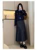 Women's Black Gold Velvet A-line Pleated Midi Skirt, High Waist, Spring/Autumn 2026